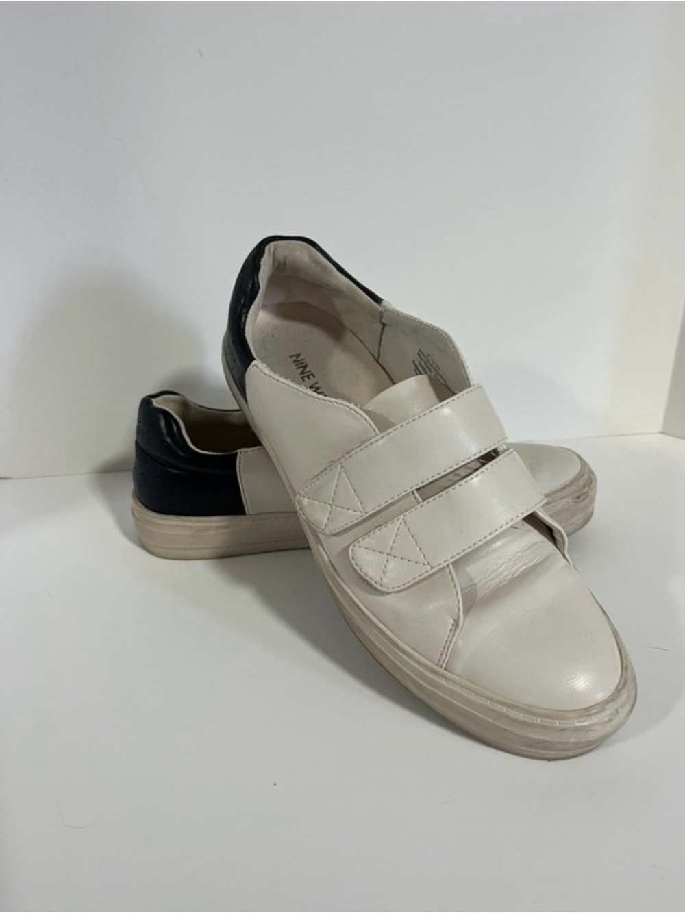 Nine West White Leather Velcro Sneakers with Black Heel Panel 46